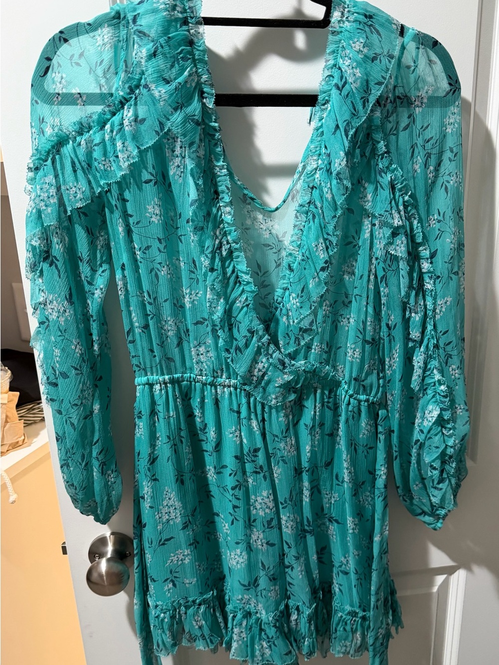 Zimmermann Teal Floral Ruffle Long-Sleeve Dress